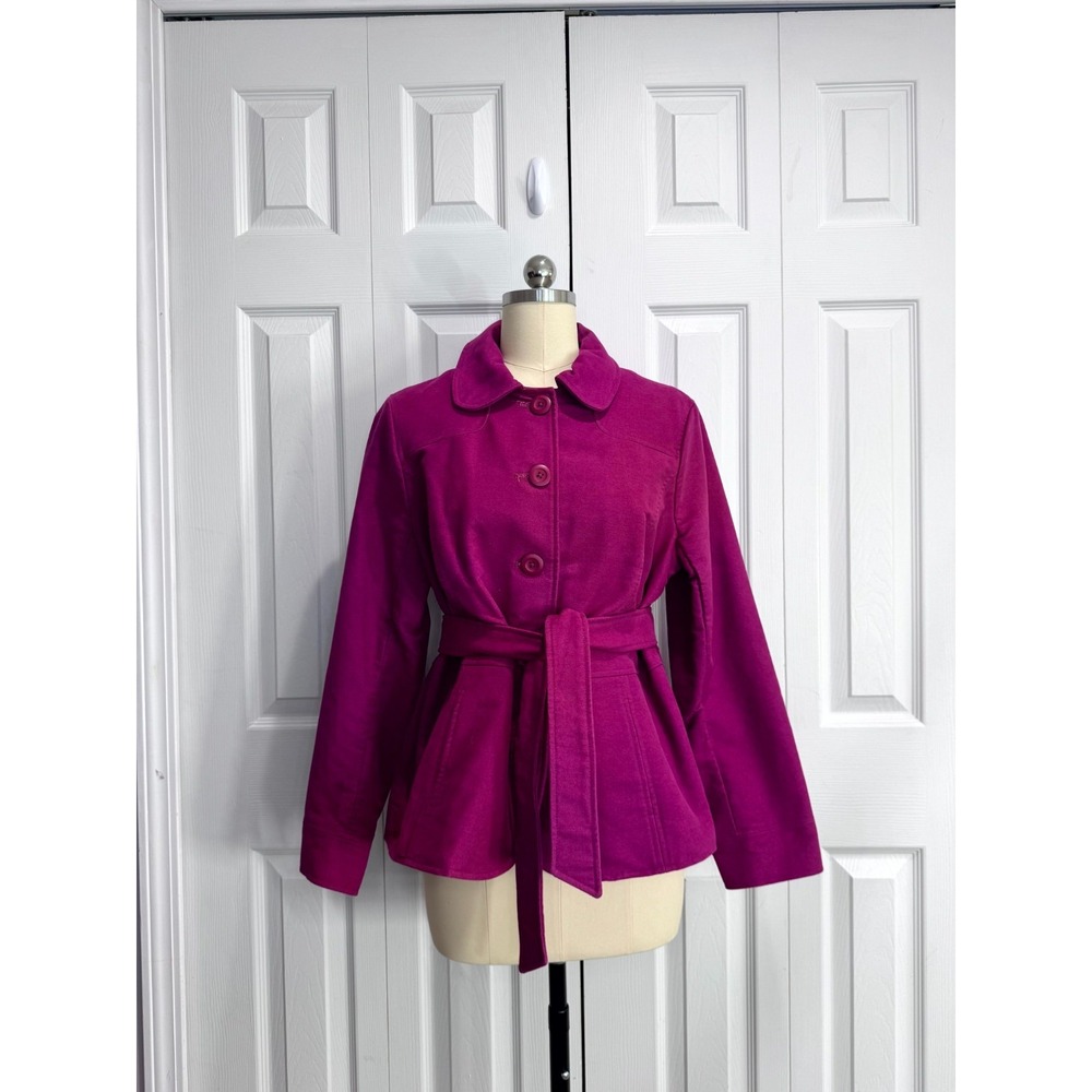 L.L. Bean Fuschia Lined Belted Pea Coat Women's PS Purple Spring Collared Preppy